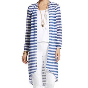 Chico’s Tess Blue & White Striped Open Stitch Duster Cardigan 2 Large Women’s